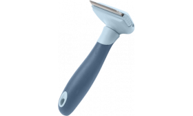 Peigne de toilettage anti-mue pour chat gris et bleu avec lame inox, poignée ergonomique et design facile à nettoyer