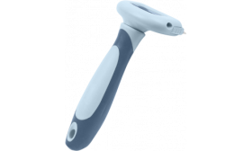 Seitenansicht des grau-blauen Katzen-Fellentfernungs­kamms mit ergonomischem Griff, sicher und bequem.