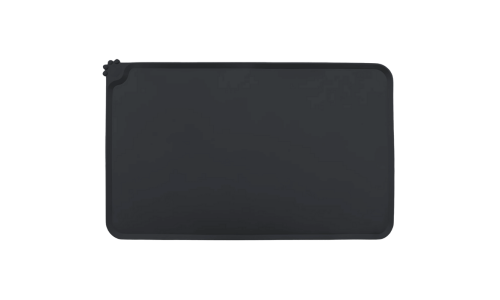 Schwarze wasserdichte Silikon-Katzennapfunterlage mit erhöhtem Rand gegen Verschütten und Bodenschäden.